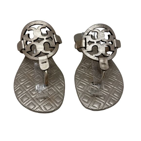 Tory Burch Miller Marion Gold Metallic Quilted Leather Logo Sandals Size 9.5 - Picture 3 of 12